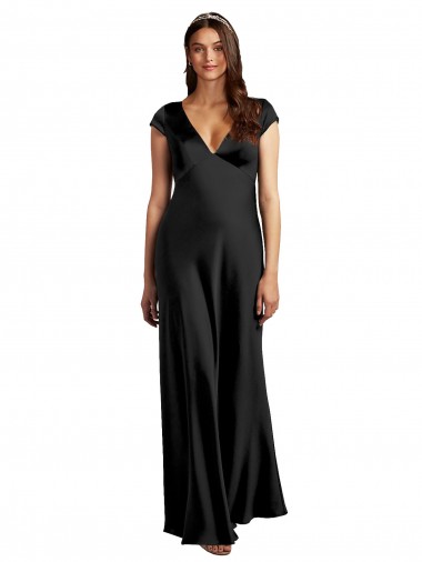 Wholesale Stretch Satin V-Neck Keyhole Back A-Line Black Formal Evening Dress UK