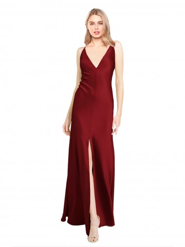 Wholesale Stretch Satin V-Neck V-Back A-Line Burgundy Black Tie Evening Dress UK