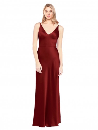 Wholesale Stretch Satin V-Neck V-Back A-Line Burgundy Formal Evening Dress UK