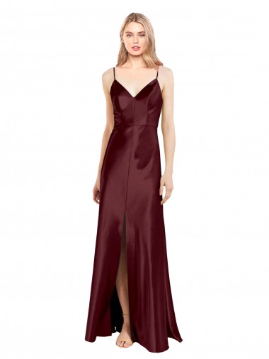 Wholesale Stretch Satin V-Neck A-Line Burgundy Gold Evening Gown UK