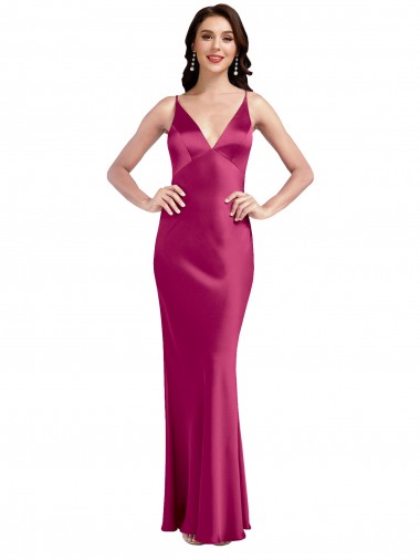 Wholesale Stretch Satin V-Neck Low Back A-Line Fuchsia Formal Evening Dress UK