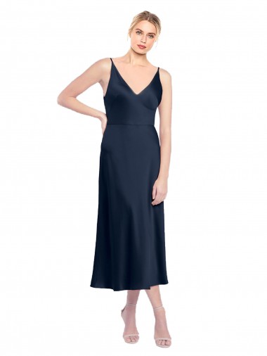 Wholesale Stretch Satin V-Neck V-Back A-Line Dark Navy Formal Evening Dress UK