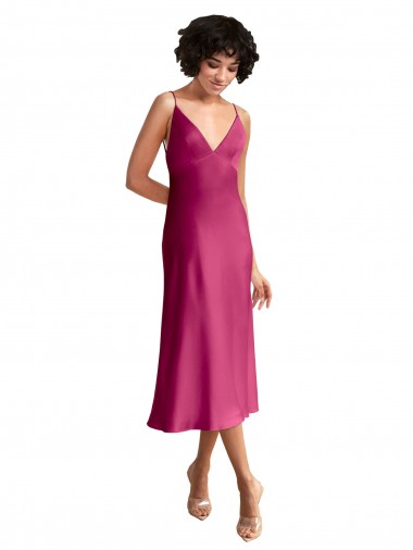 Wholesale Stretch Satin V-Neck Low Back A-Line Fuchsia Formal Evening Gown UK