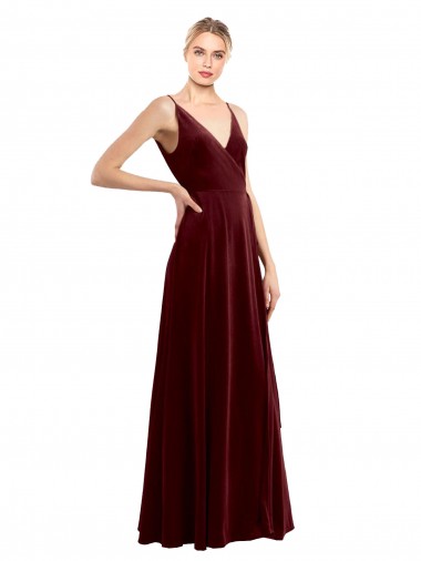 Wholesale Stretch Velvet V-Neck V-Back A-Line Burgundy Evening Dress UK