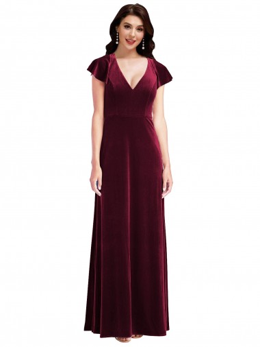 Wholesale Stretch Velvet V-Neck A-Line Burgundy Semi Formal Evening Dress UK