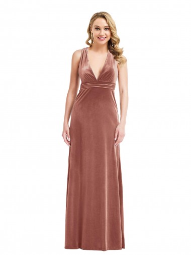 Wholesale Stretch Velvet V-Neck Open Back A-Line Cinnamon Rose Evening Dress UK