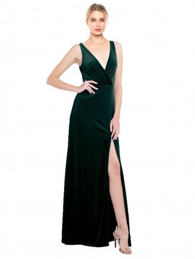 Wholesale Stretch Velvet V-Neck V-Back A-Line Dark Green Black Tie Evening Dress UK