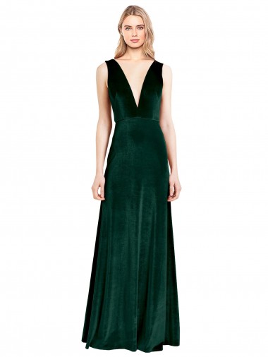 Wholesale Stretch Velvet V-Neck V-Back A-Line Dark Green Evening Dress UK