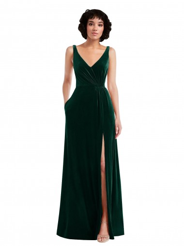 Wholesale Stretch Velvet V-Neck V-Back A-Line Dark Green Evening Gown UK