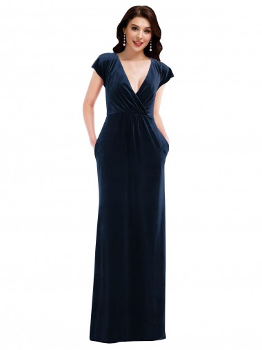 Wholesale Stretch Velvet V-Neck A-Line Dark Navy Evening Dress UK