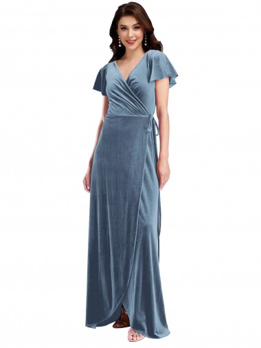 Wholesale Stretch Velvet V-Neck A-Line Dusty Blue Black Tie Evening Dress UK