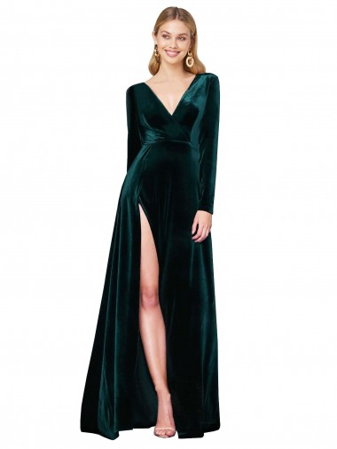 Wholesale Stretch Velvet V-Neck A-Line Dark Green Black Tie Evening Dress UK