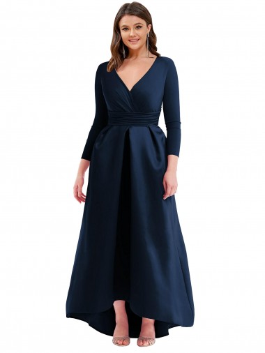 Wholesale Spandex V-Neck Ball Dress Dark Navy High Low Plus Size Evening Dress UK