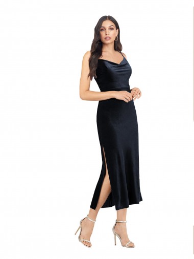 Wholesale Stretch Velvet Cowl Neck Low Back Column Dark Navy Formal Evening Dress UK