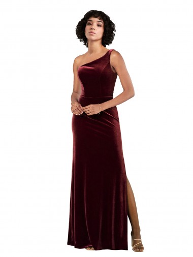 Wholesale Stretch Velvet One Shoulder Column Burgundy Formal Evening Dress UK