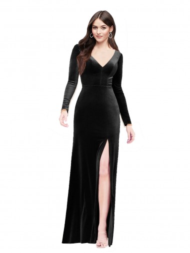 Wholesale Stretch Velvet V-Neck V-Back Column Black Formal Evening Dress UK