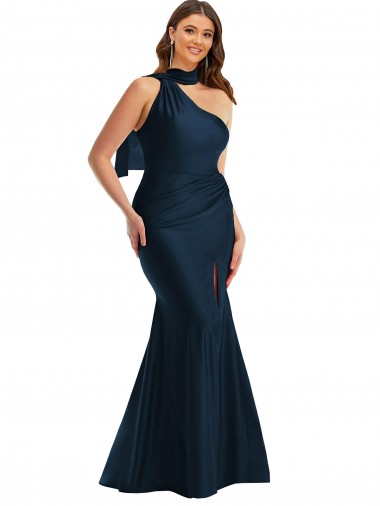 Wholesale Silky Satin Halter Neck Mermaid Dark Navy Plus Size Formal Evening Dress UK