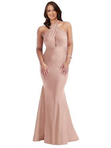 Wholesale Silky Satin Halter Neck Open Back Mermaid Dusty Pink Plus Size Formal Evening Dress UK