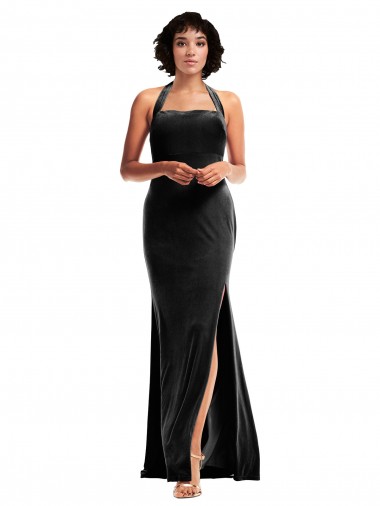 Wholesale Stretch Velvet Halter Neck Low Back Mermaid Black Formal Evening Dress UK