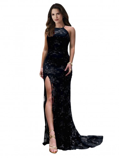 Wholesale Lace High Neck Open Back Mermaid Black Black Tie Evening Dress UK