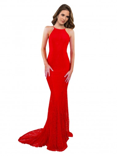 Wholesale Lace High Neck Open Back Mermaid Red Evening Dress UK