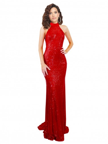 Wholesale Sequin High Neck Open Back Mermaid Red Formal Evening Dress UK