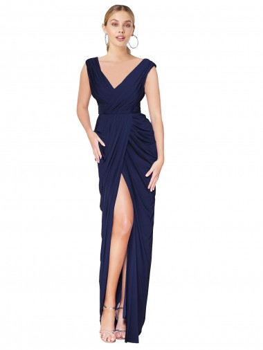 Wholesale Soft Chiffon High Neck V-Back Mermaid Dark Navy Formal Evening Dress UK