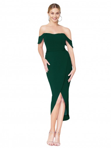 Wholesale Stretch Crepe High Neck Mermaid Midnight Green High Low Evening Dress UK