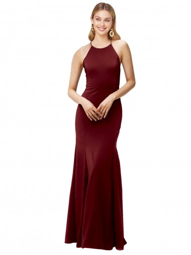 Wholesale Stretch Crepe High Neck Open Back Mermaid Burgundy Gold Formal Evening Dress UK