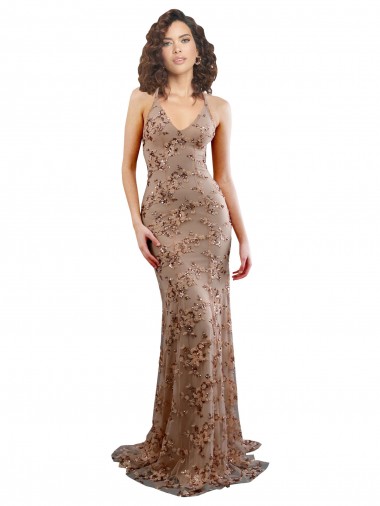 Wholesale Stretch Crepe & Sequin Tulle High Neck Open Back Mermaid Rose Gold Formal Evening Dress UK