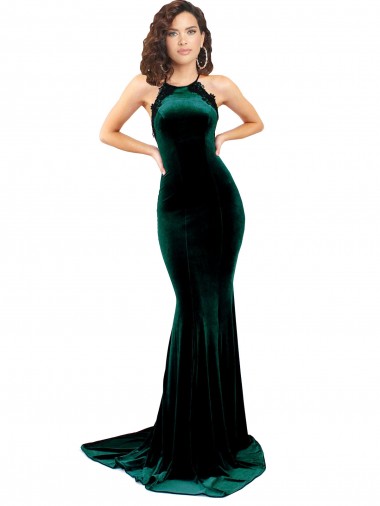 Wholesale Stretch Velvet High Neck Open Back Mermaid Dark Green Formal Evening Dress UK