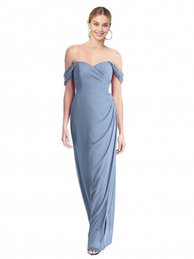 Wholesale Soft Chiffon Off the Shoulder Low Back Mermaid Dusty Blue Semi Formal Evening Dress UK