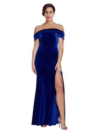 Wholesale Stretch Velvet Off the Shoulder Mermaid Royal Blue Formal Evening Dress UK