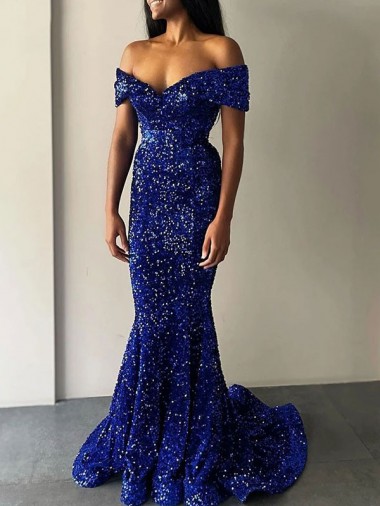 Wholesale Velvet Sequin Off the Shoulder Mermaid Royal Blue Evening Dresses UK