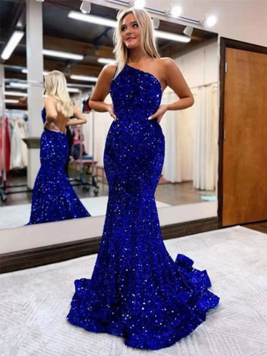 Wholesale Velvet Sequin One Shoulder Mermaid Royal Blue Evening Gown UK