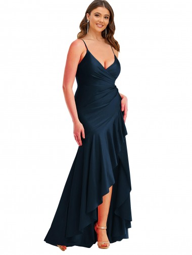 Wholesale Silky Satin Spaghetti Straps Mermaid Dark Navy High Low Plus Size Evening Dress UK