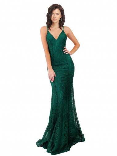 Wholesale Lace V-Neck Open Back Mermaid Dark Green Black Tie Evening Dress UK