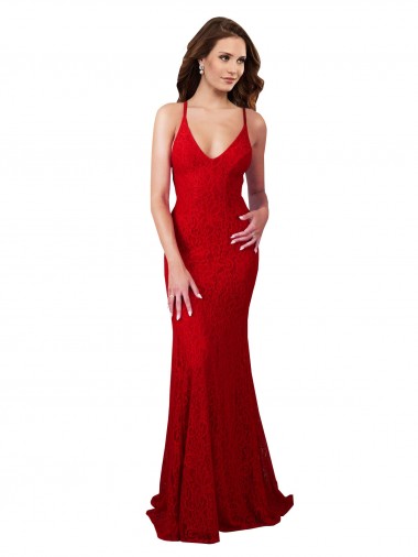 Wholesale Lace V-Neck Open Back Mermaid Red Evening Dress UK