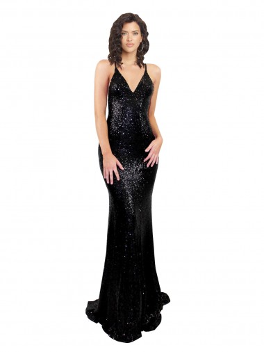 Wholesale Sequin V-Neck Open Back Mermaid Black Black Tie Evening Dress UK