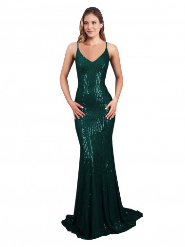 Wholesale Sequin V-Neck Low Back Mermaid Dark Green Formal Evening Dress UK