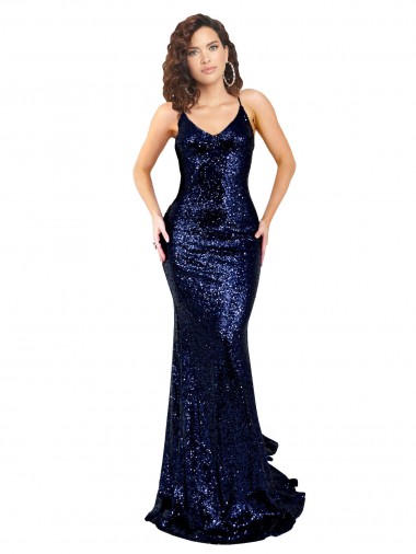 Wholesale Sequin V-Neck Open Back Mermaid Dark Navy Formal Evening Dress UK