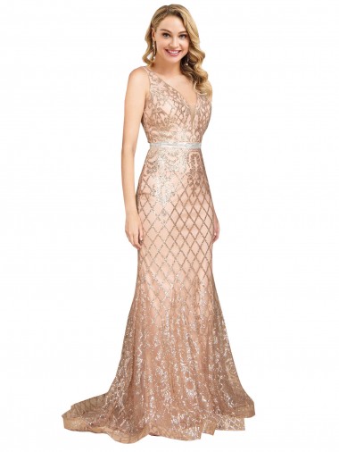 Wholesale Sparkling Sequin V-Neck V-Back Mermaid Rose Gold Plus Size Formal Evening Dress UK