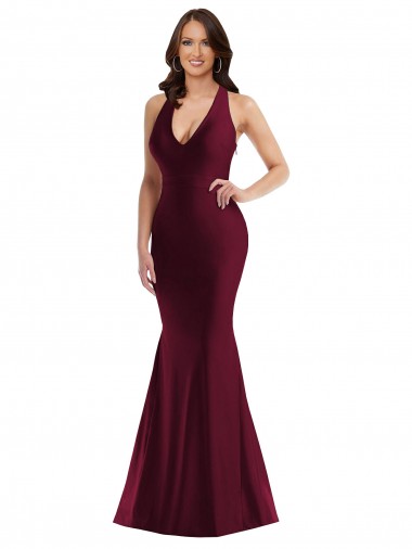 Wholesale Silky Satin V-Neck Open Back Mermaid Burgundy Plus Size Formal Evening Dress UK