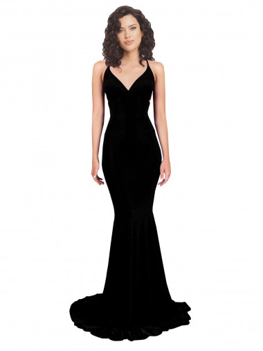 Wholesale Spandex V-Neck Open Back Mermaid Black Formal Evening Dress UK