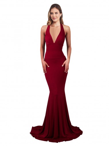 Wholesale Spandex V-Neck Open Back Mermaid Burgundy Formal Evening Dress UK