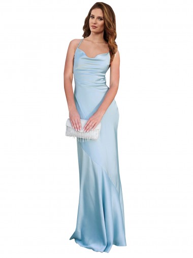 Wholesale Silky Satin Cowl Neck Open Back Sheath Light Sky Blue Formal Evening Dress UK