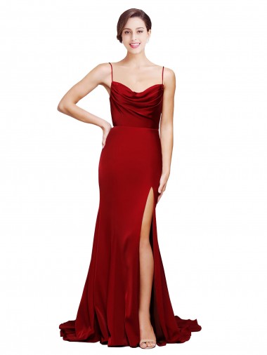 Wholesale Stretch Satin Cowl Neck Open Back Sheath Burgundy Black Tie Evening Dress UK