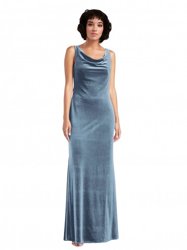 Wholesale Stretch Velvet Cowl Neck V-Back Sheath Dusty Blue Evening Dress UK