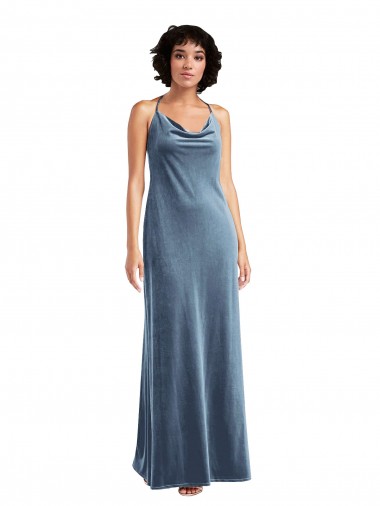 Wholesale Stretch Velvet Cowl Neck V-Back Sheath Dusty Blue Evening Gown UK