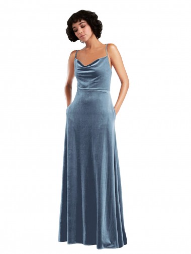 Wholesale Stretch Velvet Cowl Neck Open Back Sheath Dusty Blue Semi Formal Evening Dress UK